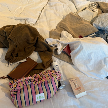 Kulturbeutel – Streifen – Rüschen – Rosa – Buttergelb – Groß