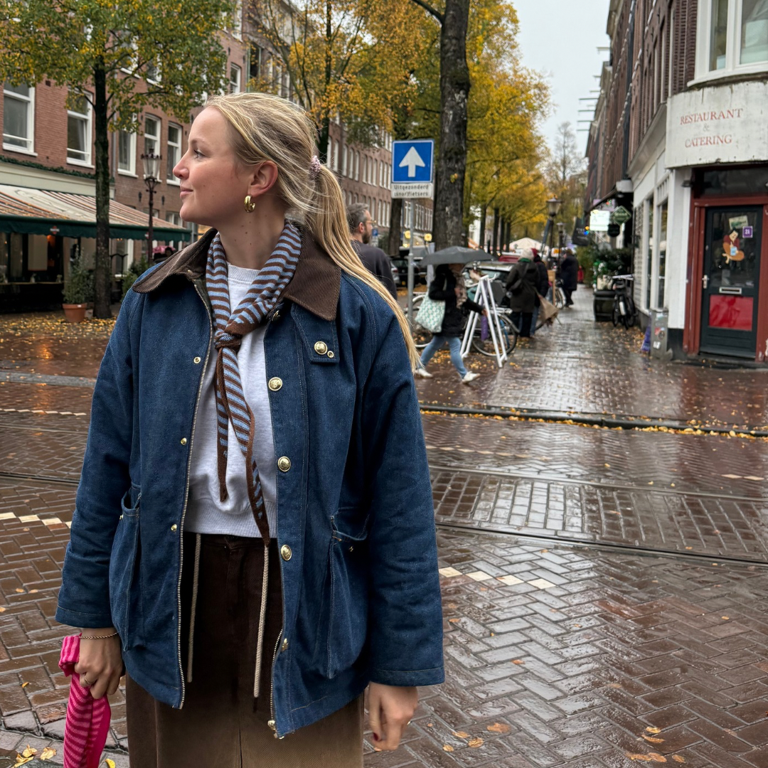 Dreiecksschal – Karamell – Blau & Brauner Streifen - Klein