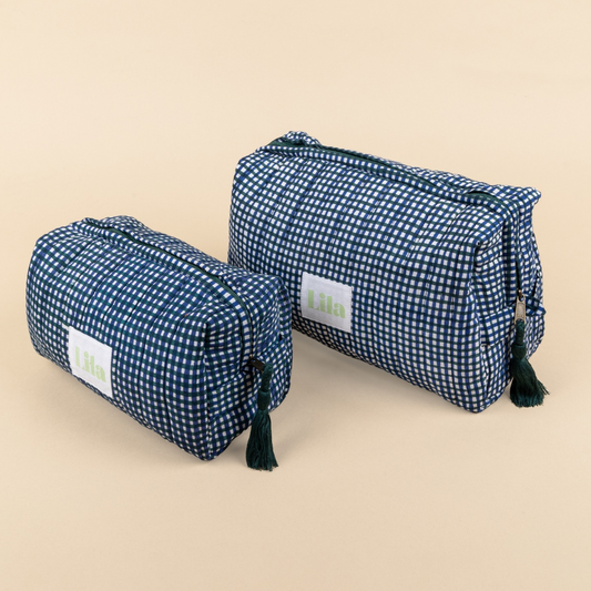 Toilettas - Schaakbord - Blauw - Donkergroen - Set